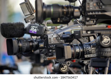 Bucharest, Romania -  September 29, 2020: A Panasonic XDCAM Handheld Camcorder Of A News TV Channel Is Seen At A News Event In Bucharest.