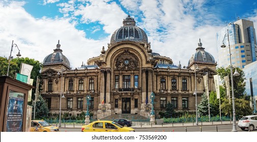 Bucharest, Romania - September 9, 2017: Panoramic view of the The CEC Palace, The Palace of the Savings Bank in the historical center Lipscani Street, Bucharest, Romania.