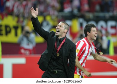 BUCHAREST, ROMANIA-May 9, 2012 After The UEFA Europa League Final, Diego Simeone, Who Won The Cup In The Match Between Atletico Madrid And Athletic Bilbao, Enjoyed Great Joy.