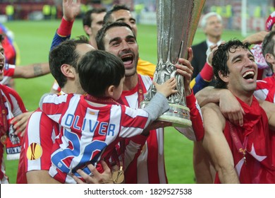 BUCHAREST, ROMANIA-May 9, 2012 Team Atletico Madrid, Who Won The Cup In The Match Between Atletico Madrid And Athletic Bilbao In The UEFA Europa League Final, Experienced Great Joy.