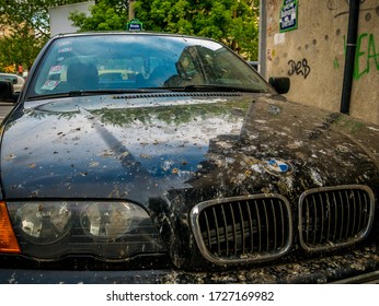 Bucharest/Romania - 05.01.2020: A BMW car illegaly parked on a sidewalk covered with bird droppings