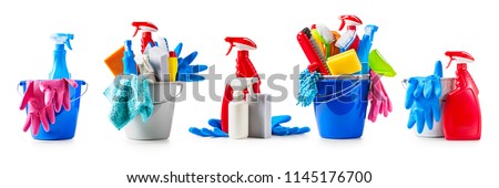 Bucket with cleaning supplies collection isolated on white background. Housework concept, design elements
