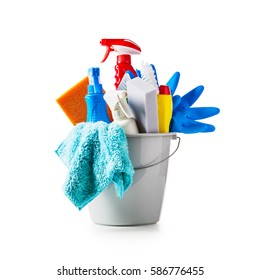 Bucket With Cleaning Supplies Isolated On White Background. Single Object With Clipping Path
