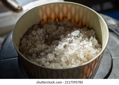 Bucket Full Of Ice Melting Rock Salt Crystals 