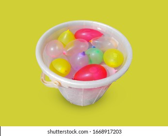 Bucket Full Of Water Balloons For Holi Celebration. Kids Holi.