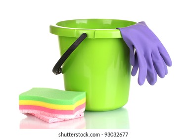 bucket, gloves and sponge for cleaning isolated on white - Powered by Shutterstock