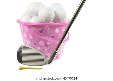 Bucket With Golf Balls And Iron On White