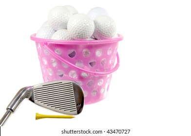 Bucket With Golf Balls And Iron On White