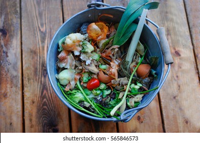 Bucket Of Organic Waste On Wooden Floor