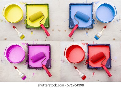 a bucket of paint of different colors and paint tray poured into it from inside the roller and brushes for painting the walls, on a beige background kraft paper collage