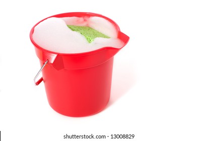 A Bucket Of Soapy Water On A White Background With Copy Space