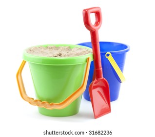 Bucket And Spade Close Up On White Background