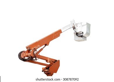Bucket truck high up of a crane isolated on white background with clipping path