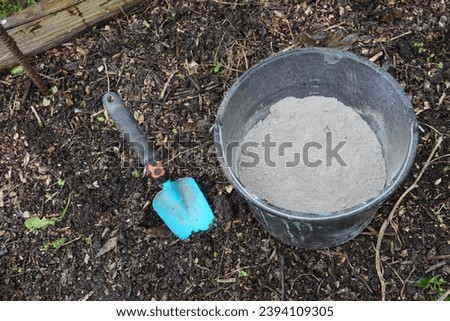 bucket of wood ash together with a shovel on arable soil. use of fertilizer and insecticide.