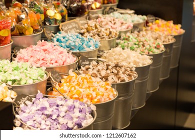 Buckets Filled With Taffy Candy At A Candy Shop.