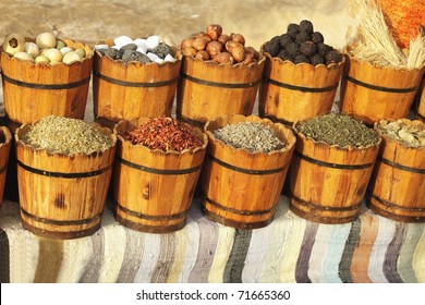 Buckets full of various spices ready for selling