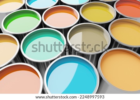 Buckets of multi coloured paint, 3d rendering. Digital illustration of vibrant dye for reconstruction or paintwork