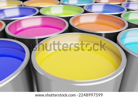Buckets of multi coloured paint, 3d rendering. Digital illustration of vibrant dye for reconstruction or paintwork