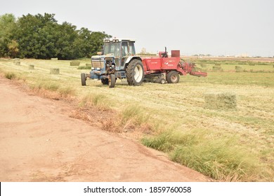 Buckeye, AZ. U.S.A. 9/8/2020. Ford 7710 Tractor Pulling A Hesston Alfalfa Baler.
