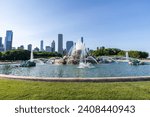 Buckingham Fountain is a Chicago Landmark in the center of Grant Park, between Queen