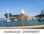 Buckingham Fountain is a Chicago Landmark in the center of Grant Park, between Queen