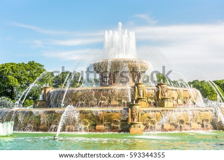 Buckingham Memorial Fountains in Grant Park in Illinois on a hot summer day in Chicago, USA