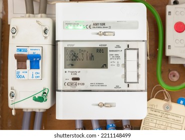 BUCKINGHAM, UK - June 03, 2022. Smart Electricity Meter, EON Domestic Electric Meter In A Home Electric Box