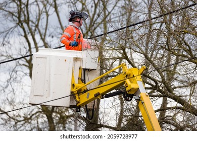 BUCKINGHAM, UK - March 25, 2021. Utility worker in a cherry picker cutting back trees near overhead power lines, UK