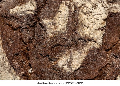 Buckwheat bread. A round loaf of oven baked buckwheat bread with a crispy crust and flour on top. The loaf lies on a light linen fabric. - Powered by Shutterstock