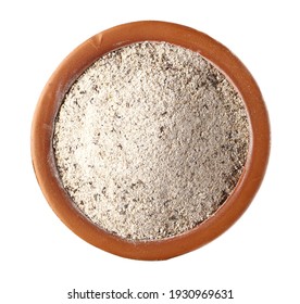 Buckwheat integral flour in clay pot, bowl isolated on white background , top view - Shutterstock ID 1930969631