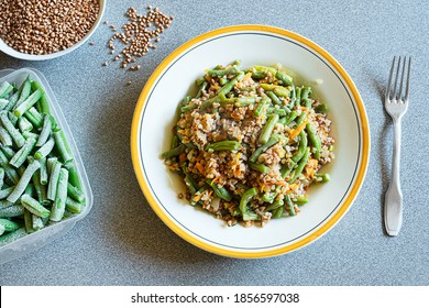 Buckwheat Porridge With Green Beans And Carrots, Frozen Green Beens And Buckwheat In A White Bowl, Healthy Gluten Free Vegetarian Meal, Top View