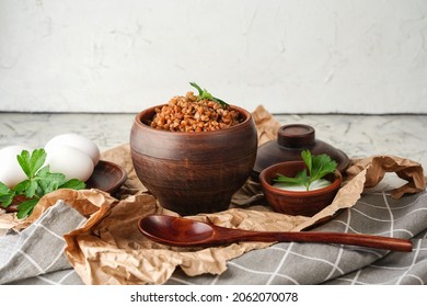 Buckwheat Porridge With Parsley In Pot - Breakfast, Healthy Food. Close Up