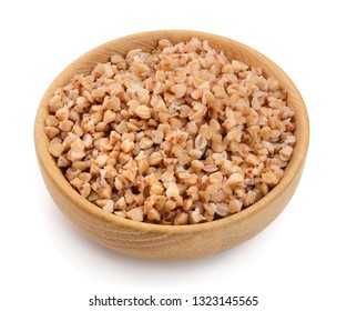 Buckwheat Porridge In Wooden Bowl Isolated On White Background