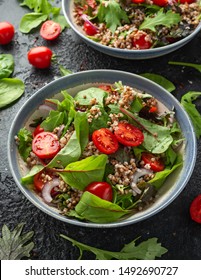 Buckwheat Salad With Cherry Tomatoes, Red Onion And Green Vegetables. Healthy Diet Food