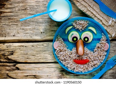 Buckwheat Sausage Vegetables Old Man Face On Plate - Food Art Idea For Kids Healthy Breakfast Or Lunch