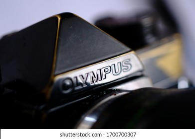BUCURESTI, ROMANIA - Mar 15, 2020: old vintage Olympus OM1, black  OM 1photo film camera and lens