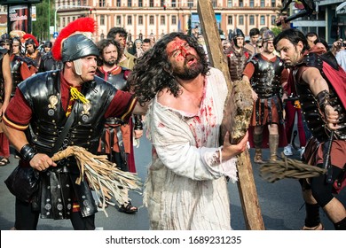 Bucuresti/Romania - April 20 2019: Crucifixion of Jesus, religious event on the streets