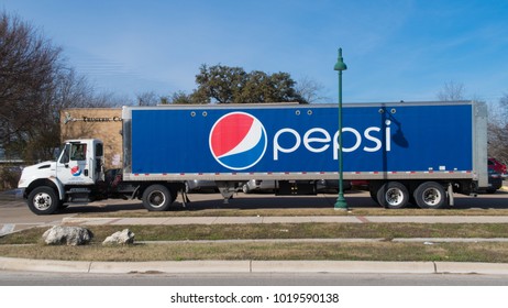 BUDA, TEXAS - JANUARY 4 2018: Profile Of A Pepsi Truck Parked For A Delivery