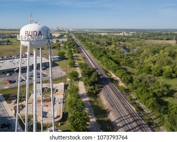 Buda, TX/USA - April 11 2018: Downtown Buda And Water Tower