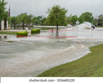 Buda, TX/USA - March 29 2018: Road Flooded With Rainwater