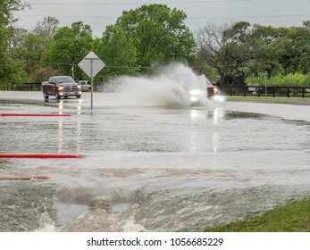 Buda, TX/USA - March 29 2018: Road Flooded With Rainwater