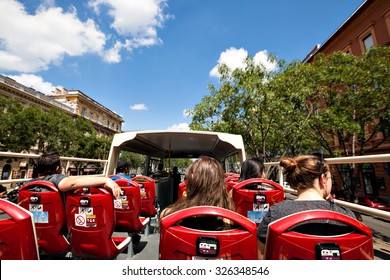 BUDAPEST - AUG 3: Budapest Sightseeing bus on Aug 3, 2015, Budapest, Hungary. Open-top tour bus with audio guide, great way see the Budapest's major sights in short time.