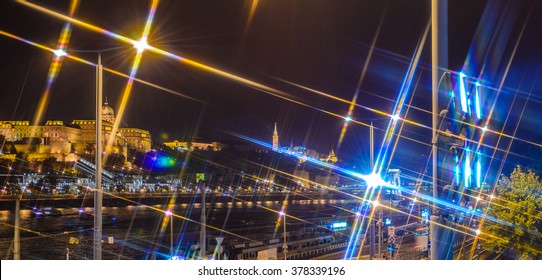 Budapest Castle, danube river and  Budapest streets at night. Hungary. Cross Filter Effect - Shutterstock ID 378339196