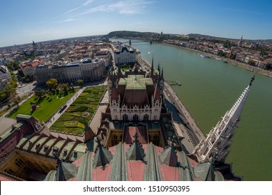 Budapest Cityscape From Unusual Viewpoint. Fiheye Lens, Hungarian Parliament.