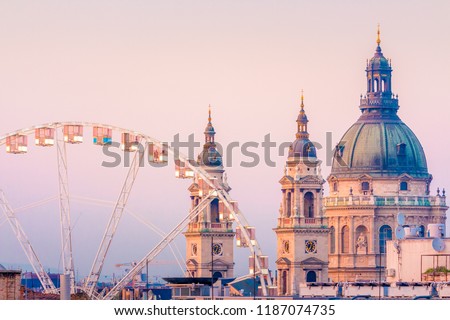Budapest Eye and Basilica during sunset hour