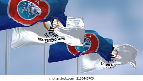 Budapest HUN, July 2022: Flags With UEFA And UEFA Europa League Waving In The Wind. Europa League Is An Annual Football Club Competition For European Clubs