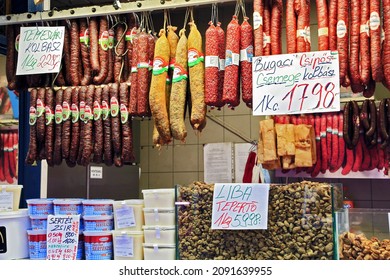 Budapest, Hungary - 08 November 2021: Meat Shop Inside Central Food Market Hall