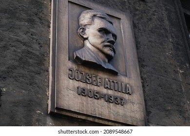Budapest, Hungary - 1 November 2021: Attila Jozsef is one of the most famous Hungarian poets commemorative plaque or bas-relief on the building, Memorial plaque, Illustrative Editorial.