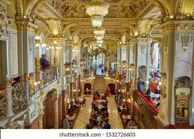 Budapest, Hungary - 10.08.2019: At The Turn Of The 20th Century The New York Café Was The Most Beautiful And The Most Beloved Coffee House In Budapest. Opened On October 23rd 1894