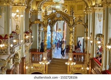 Budapest, Hungary - 10.08.2019: At The Turn Of The 20th Century The New York Café Was The Most Beautiful And The Most Beloved Coffee House In Budapest. Opened On October 23rd 1894